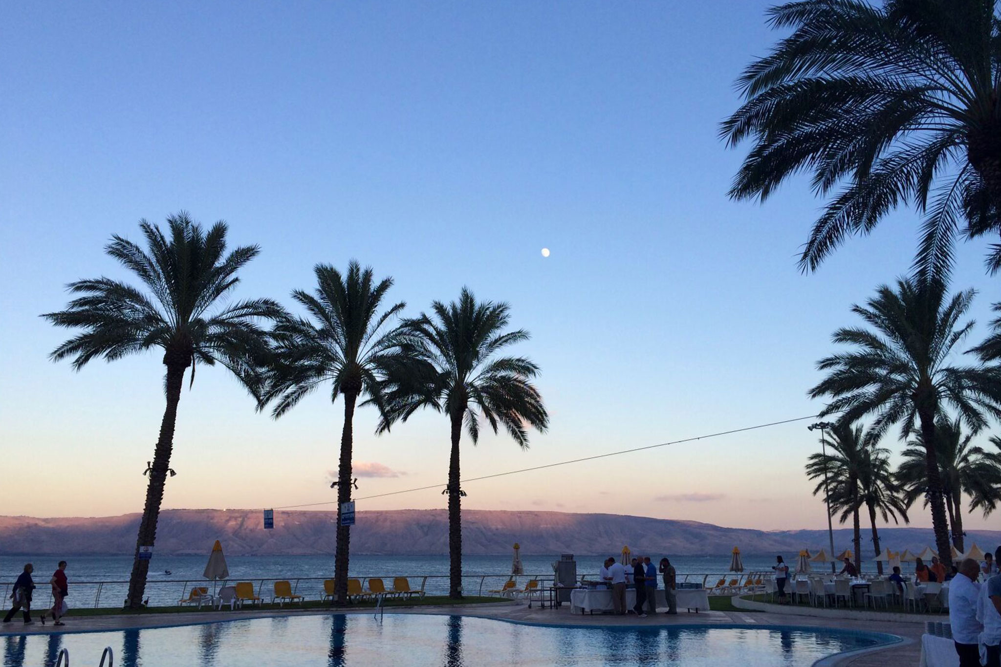 Evening view of a resort pool flanked by palm trees near the Sea of Galilee, with the moon and mountains in the background.