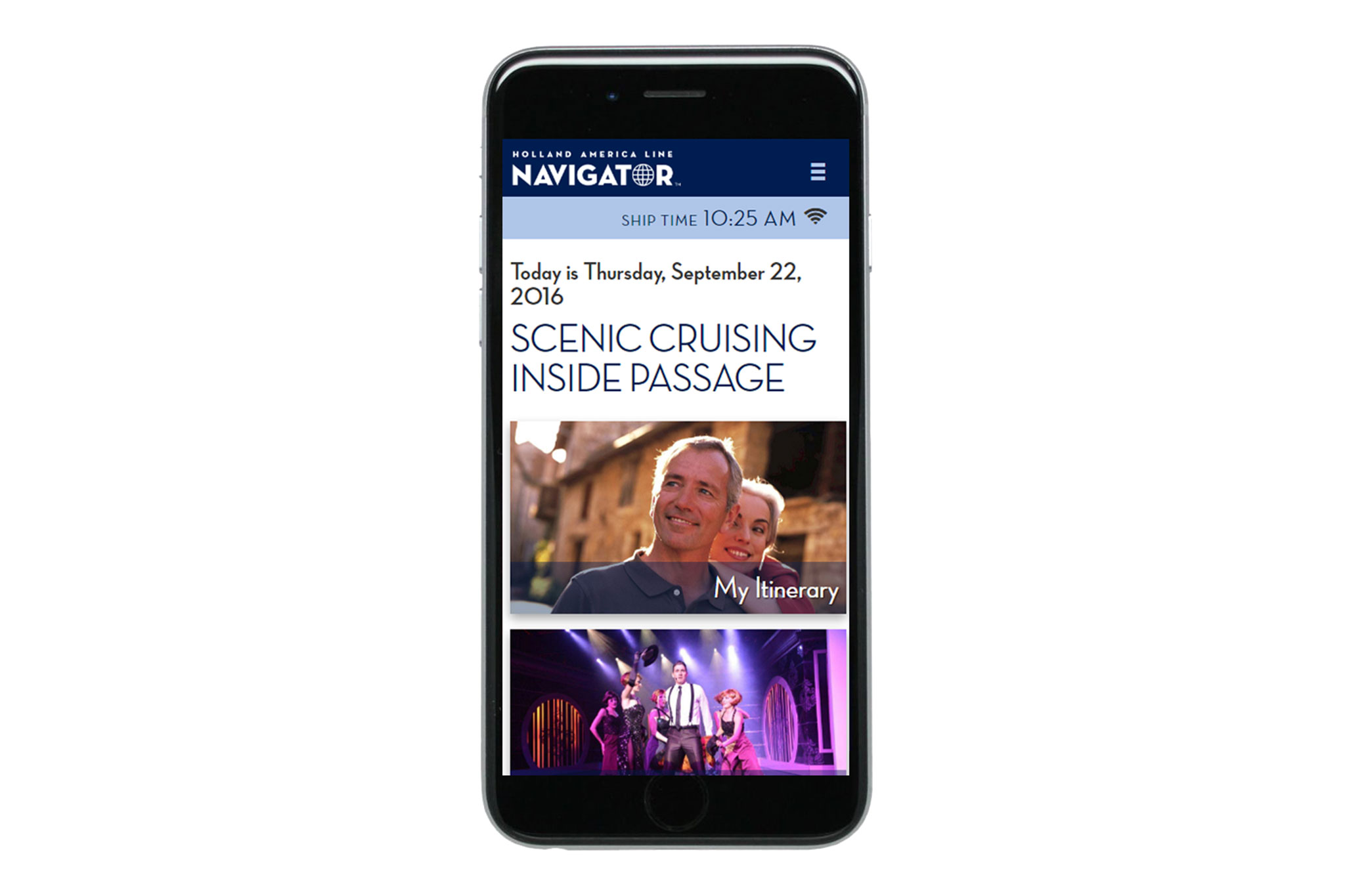 Holland America Line's Navigator mobile app interface on a smartphone highlights a scenic cruise day with images of guests and onboard entertainment, marked with the current ship time and date of the journey.