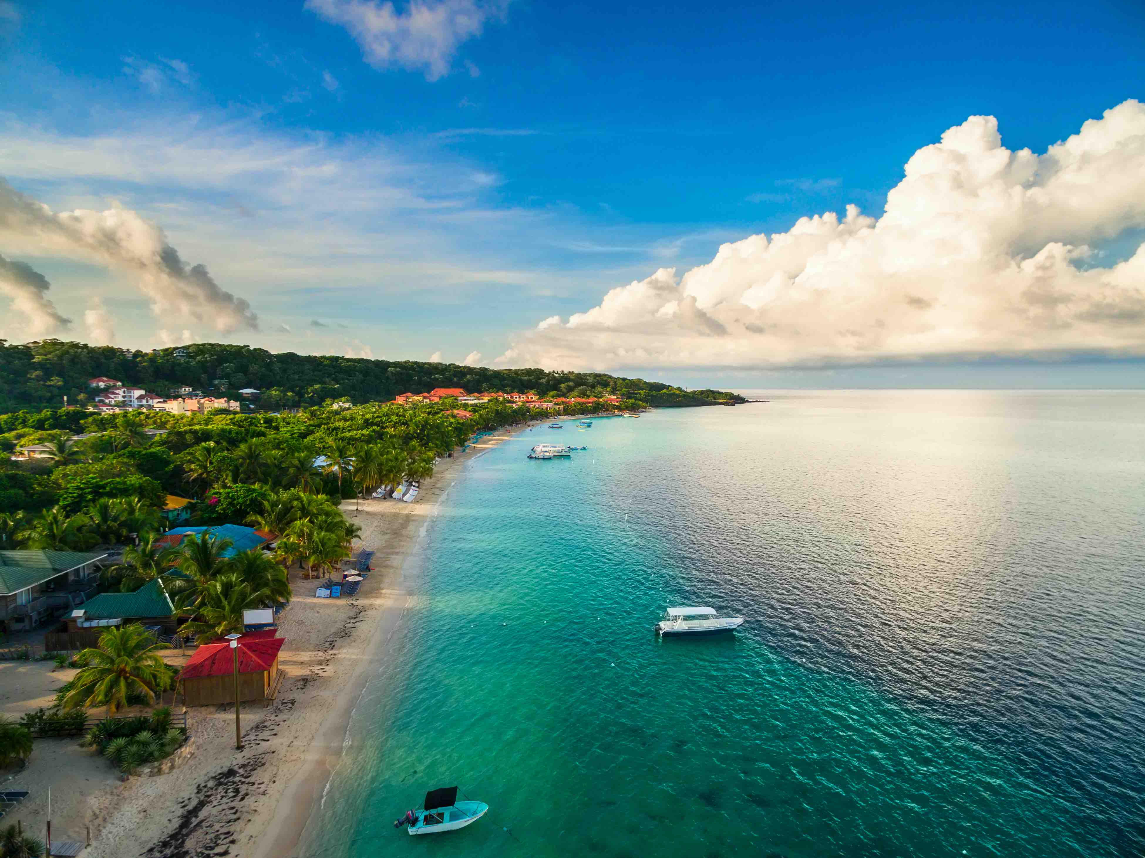 Aerial view of a beach in Roatán, Honduras